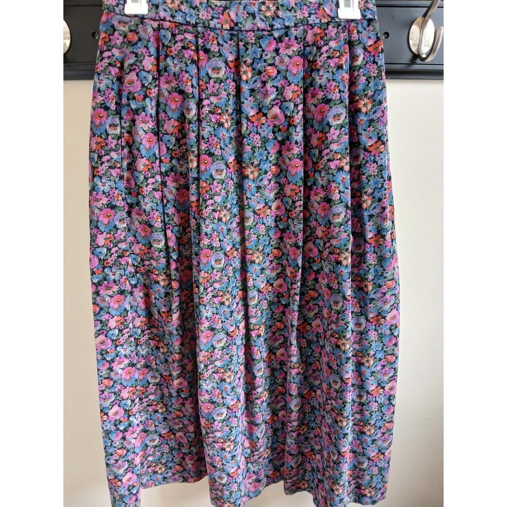 Vintage J Jill Corduroy Floral Midi Skirt Pleated Pockets Women's Size Small